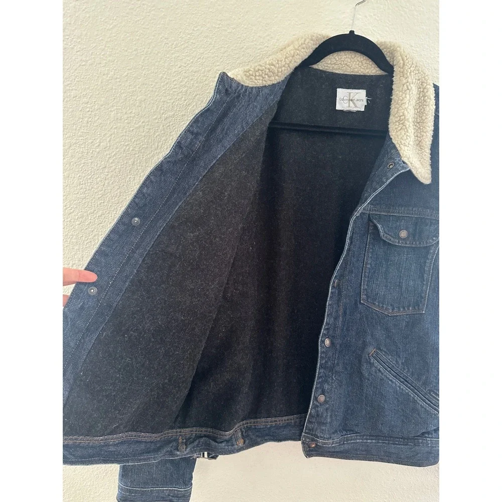 Calvin Klein Jeans Denim Trucker Jacket Mens XL Blue Sherpa Collar Americana